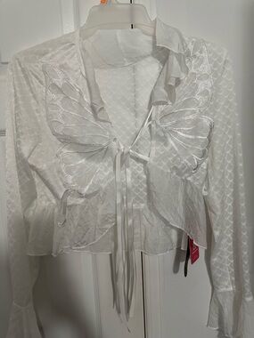 White Sheer Butterfly Tie-Front Blouse
